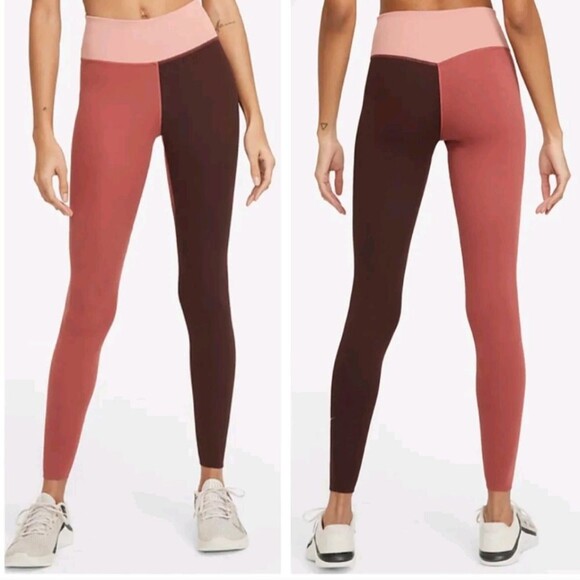 Nike One Luxe Two Tone Mid-Rise Ribbed Leggings in Canyon Rust/Clear Size 2X - Picture 1 of 11